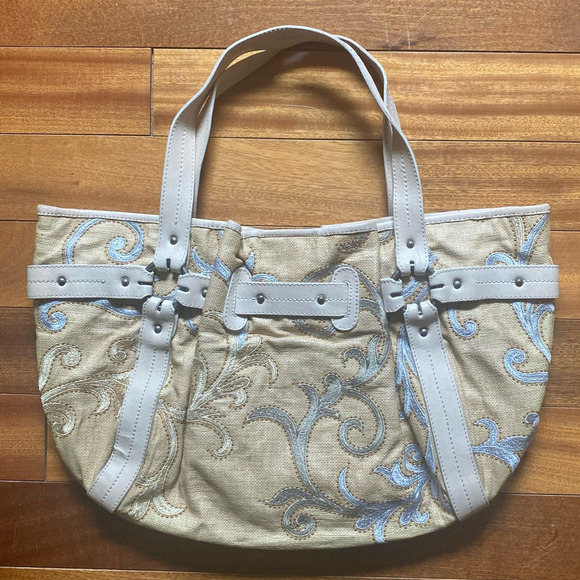 Stuart Weitzman Woven Fabric Leather Hobo Bag Cream Tan Sky Blue Tote Bag Charm - Picture 4 of 12